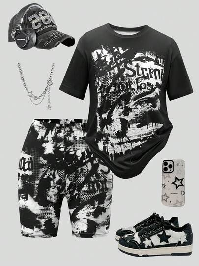 Dark Style Tween Girl T-Shirt Set, Black Base + Graffiti Print, Short Sleeve Tee + Loose Shorts, Sweet & Chic Streetwear! Breathable Fabric, Relaxed Fit, Carefree Movement. Suitable For Daily Wear Or Outing, Easily Capture The Dark Sweet Girl Vibe.