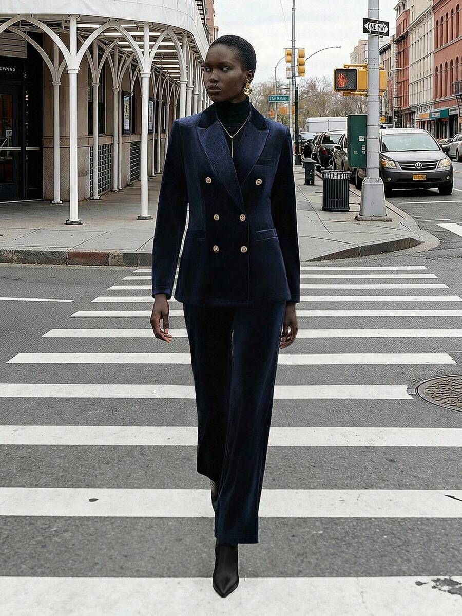 Lumivelle 女士翻领抓绒双排扣长袖上衣和裤子正装套装，通勤风格 - 寶藍色 - 查看 1