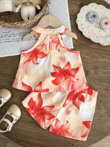 Bộ quần áo bé gái 6 tháng-3 tuổi, 2 món/set, thanh lịch và quyến rũ, phong cách thường ngày thoải mái, gồm áo không tay xếp ly in hoa và quần short in hoa. - Đỏ - Xem 2