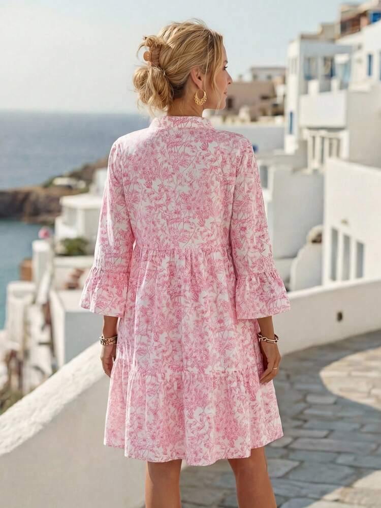 Women Floral Print Notched Neck Flare Sleeve Dress, Suitable For Spring/Summer Vacation Going Out Dress Modest Dress  Old Money Dress Homecoming Dress Vacation Dress  Casual Dresses For Woman  Fall Women Clothes Fall Women Clothes Fall Women Clothes Teacher Outfits For Women Teacher Outfits For Women Teacher Outfits Floral Dress Women Summer Dress Women Long Sleeve Summer Dress Boho Summer Dress Women Vacation Dress