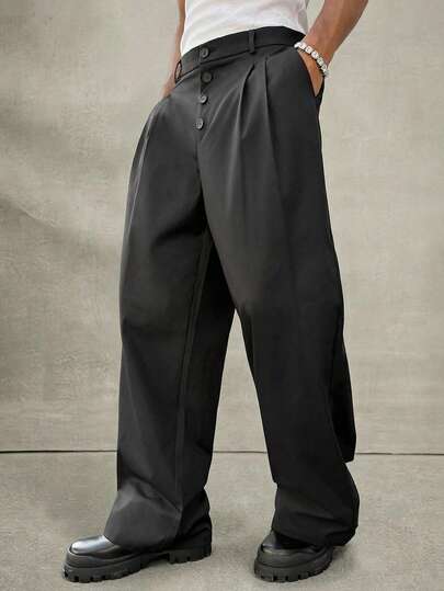 Manfinity Hypemode 男士黑色阔腿裤，西装裤，休闲裤，宽松修身西装裤。男士休闲宽松直筒阔腿裤，高品质宽松直筒双褶西装裤，纽扣设计，百搭纯色褶裥修身裤