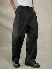 Manfinity Roghcode 男士黑色阔腿裤，西装裤，休闲裤，宽松修身西装裤。男士休闲宽松直筒阔腿裤，高品质宽松直筒双褶西装裤，纽扣设计，褶裥纯色百搭修身裤，黑色阔腿裤，宽松黑色裤子，男士阔腿裤，超大裤，高腰裤 - 黑色 - 查看 4