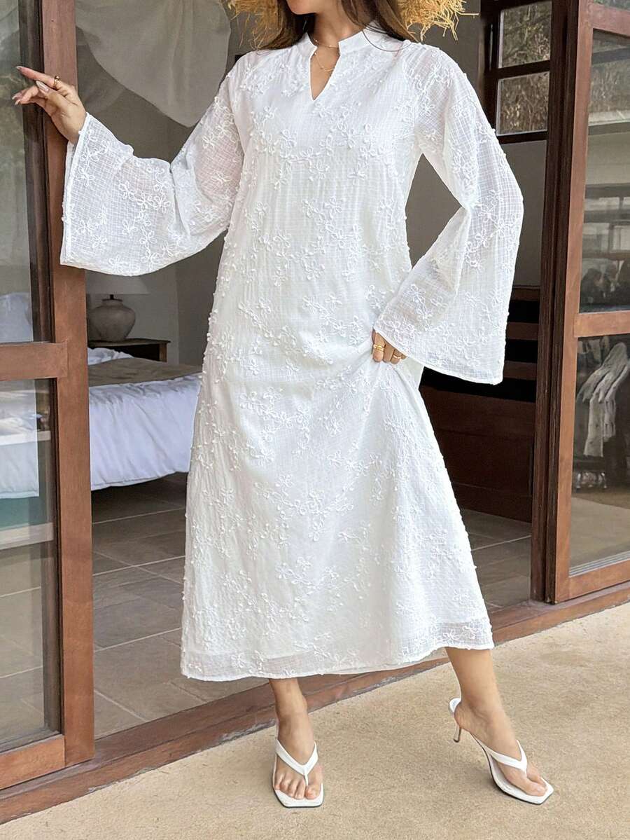 Livesso Spring White Elegant Textured Loose Beach Vacation Midi Dress For Women - White - View 1