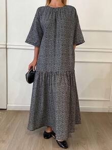 DAZY Đầm dài nữ cổ tròn tay lửng dáng rộng, thắt nơ phía sau, kiểu dáng thường ngày nữ tính. - Đen và trắng - Xem 2