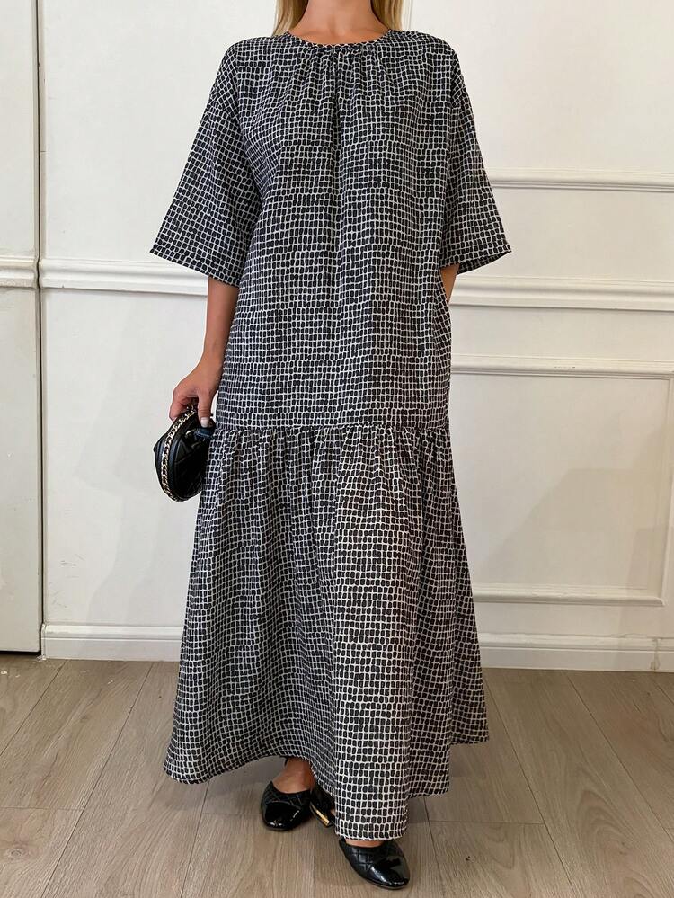 Women's Round Neck Half Sleeve Loose Pullover Long Dress With Bow Tie Back, Casual & Feminine