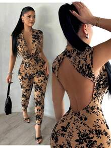 SHEIN SXY 女士休闲印花深V领无袖连体裤，夏季 - 杏色 - 查看 7