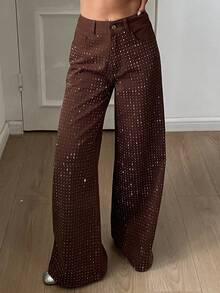 DAZY Women's Regular Waist Rhinestone Embellished Loose Straight Leg Casual Brown Jeans - Brown - View 3