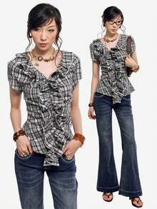 Retro Plaid Print Ruffle Hem Stretchy Fitted Blouse - Grey - View 5