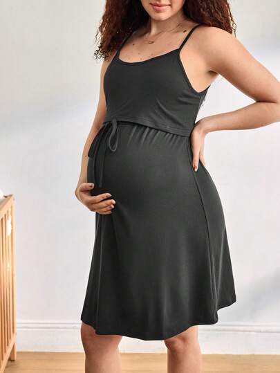 Moonlight&Mama Comfortable, Casual, Home, Drawstring, Nursing, Soft, Fashionable A-Line, Spaghetti Strap, Can Be Worn Outerwear, Maternity Sleepwear Dress