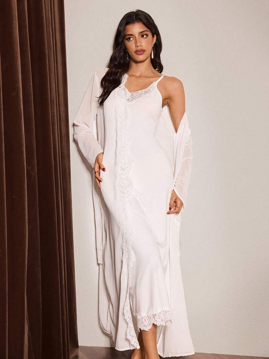Slumberist 2pcs Women Sexy Lace Patchwork Camisole Nightgown And Robe Set - White - View 1