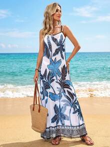 Swim Lushoire 女士夏季沙滩椰树印花V领半透明罩衫连衣裙 - 藍色 - 查看 3