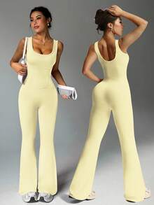 Sovereign Charm Mono sin mangas para mujer con piernas acampanadas, diseño de cintura alta, escote en U y espalda en U, adecuado para uso casual, gimnasio, yoga, correr en primavera/verano - Amarillo - Ver 1