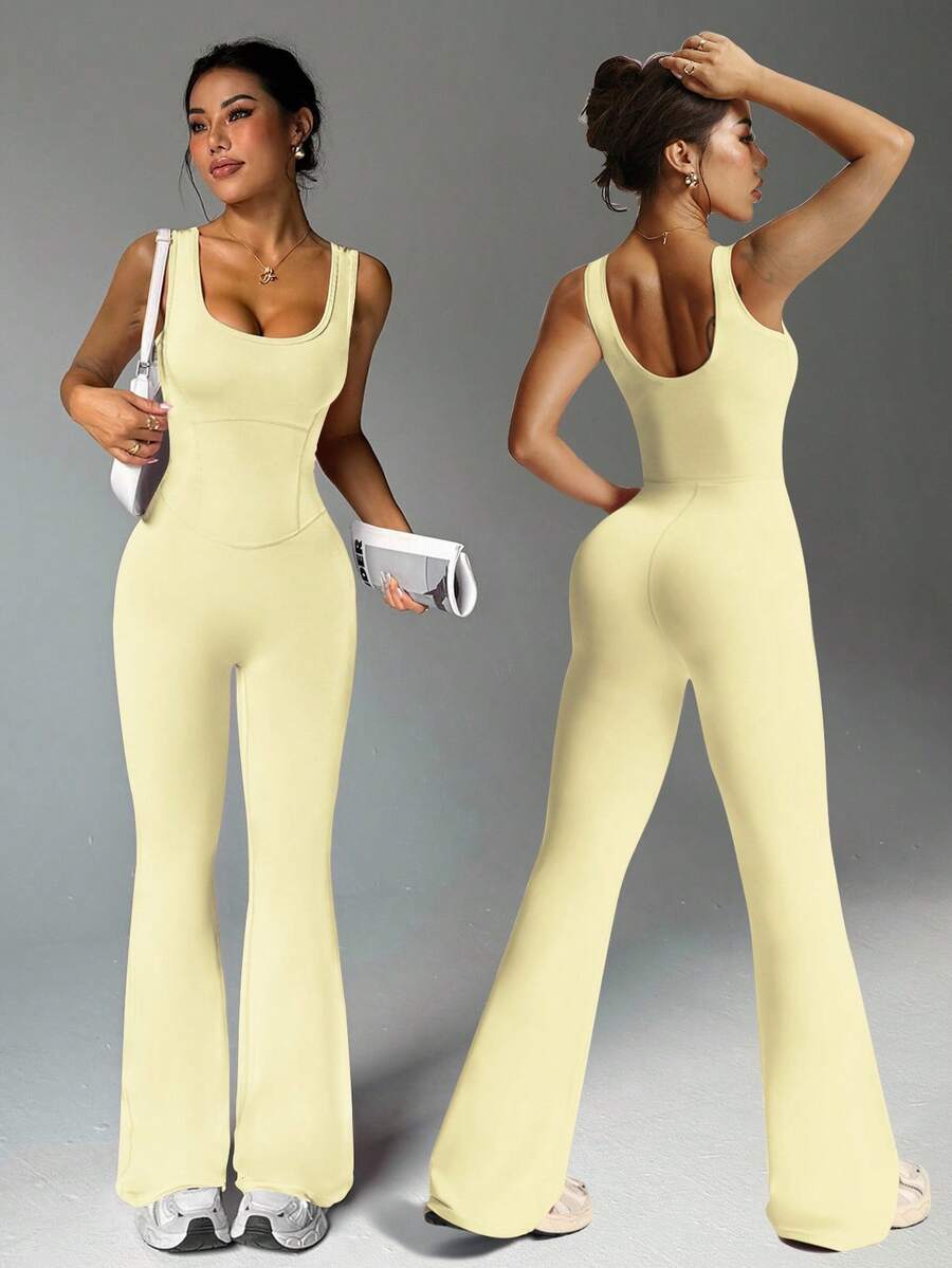 Sovereign Charm Mono sin mangas para mujer con piernas acampanadas, diseño de cintura alta, escote en U y espalda en U, adecuado para uso casual, gimnasio, yoga, correr en primavera/verano - Amarillo - Ver 1