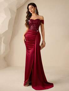 Coutiva Đầm dạ hội nữ thanh lịch đính sequin, kiểu dáng trễ vai, vạt đuôi cá, thích hợp cho mùa hè. - Màu Đỏ Sâu - Xem 9