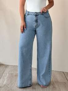 SHEIN Cottnline 100% Cotton High Waist Wide Leg Plus Size Jeans - Baby Blue - View 1
