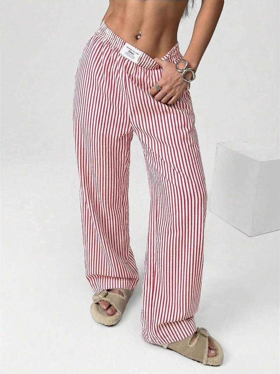 SHEIN EZwear 女士休闲条纹阔腿裤 夏季女士裤装 条纹裤 阔腿夏季裤 女士阔腿裤 女士夏季裤装 夏季女士裤装 - 紅白色 - 查看 1