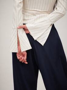 NYA SZN 系带裹身条纹喇叭袖上衣 - 杏色 - 查看 6