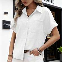Camisa Casual De Manga Corta Con Botón Para Primavera Y Verano Para Mujer - Blanco - Ver 3