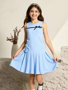 SHEIN 1 chiếc đầm chữ A màu trơn thanh lịch cho bé gái, trang trí nơ ruy băng, gấu đầm xếp ly, thích hợp mặc thường ngày vào mùa xuân/hè. - Màu xanh nhạt - Xem 4