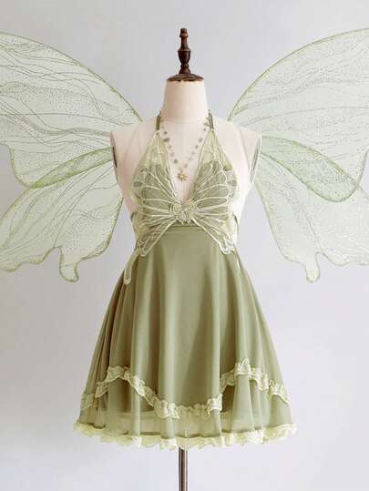 ROMWE Fairycore Vestido mini con escote halter, patchwork de encaje y lazada, estilo hada