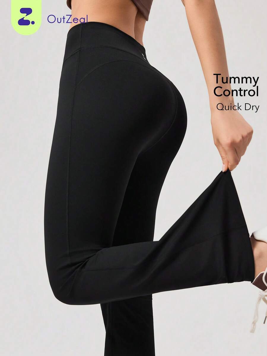 OutZeal Women Sports Black Leggings Pilates Casual Quick Dry Tummy Control Built-In Underwear Flared Leg Active Bottoms - Black - View 1