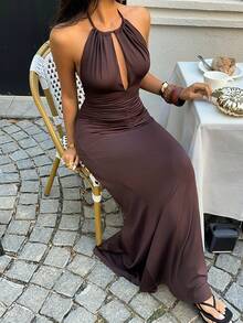 Sunnyshic Đầm nữ cổ yếm buộc nơ hở lưng có thể điều chỉnh, thích hợp cho kỳ nghỉ, hẹn hò, tiệc tùng, đi chơi, thiết kế gợi cảm cho ngày Valentine. - Cà phê nâu - Xem 6