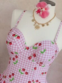 Bellisia 女士最新款时尚吊带泳衣连衣裙，带钢圈，粉色格子樱桃印花，适合春夏海滩穿着 - 粉色 - 查看 4