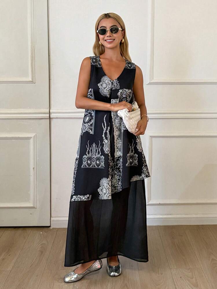 Women's V-Neck Sleeveless Printed Mesh Patchwork Dress Sun Dresses For Women