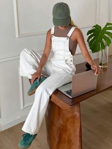 DAZY Quần yếm nữ có đai thắt eo, quần yếm denim rộng rãi thoải mái và áo liền quần. - trắng - Xem 6