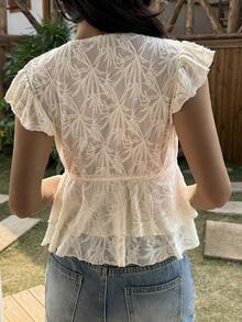 DAZY Áo nữ cổ chữ V tay ngắn, chất liệu ren xếp ly, kiểu dáng mở phía trước, thắt eo, thanh lịch, gợi cảm, thường ngày. - trắng - Xem 3