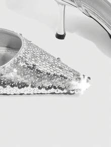 CUCCOO SZL Women's Pointed Toe Ankle Strap Silver Sequin Embellished Stiletto Heel Sexy Party Pumps - Silver - View 6