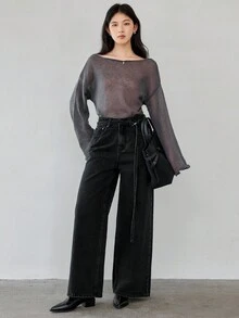 DAZY Women's Pocket Button Versatile Korean Style Loose Casual Wide-Leg Jeans - Grey - View 2