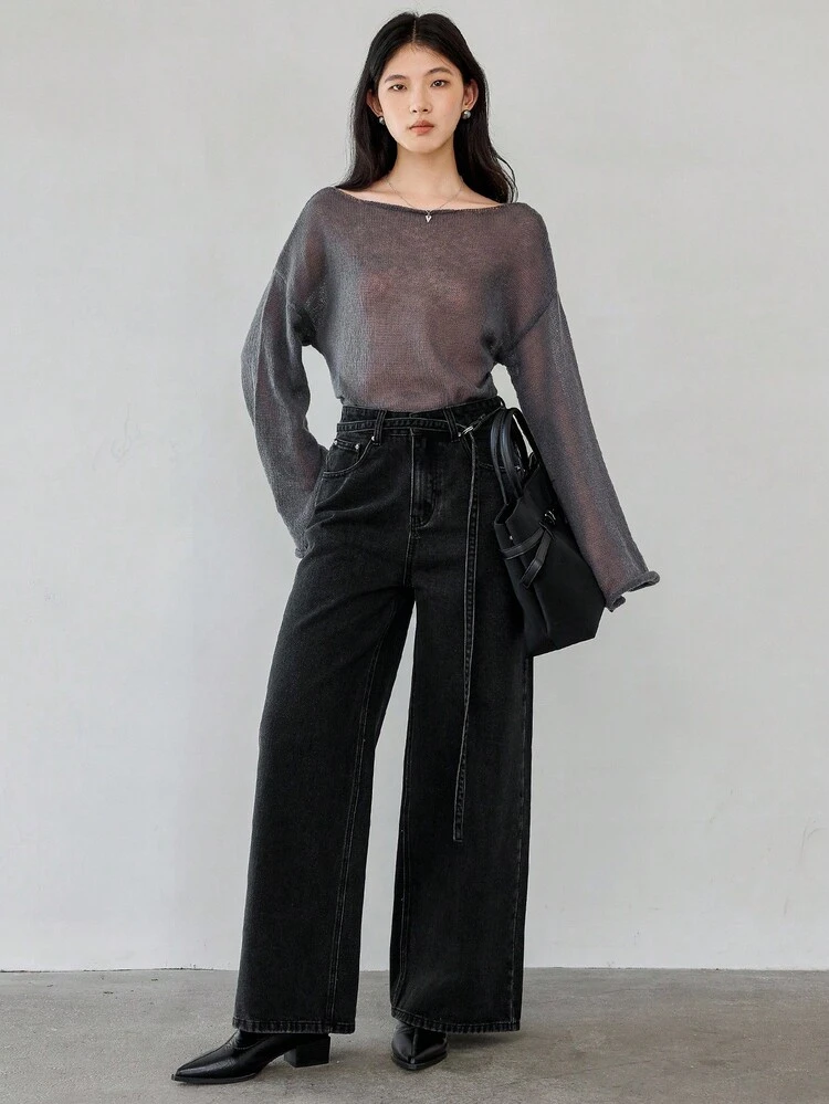 Women's Pocket Button Versatile Korean Style Loose Casual Wide-Leg Jeans