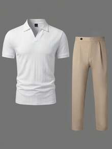 Manfinity Bizformal 男士休闲纯色短袖 Polo 衫和长裤套装，夏季 - 白色 - 查看 3