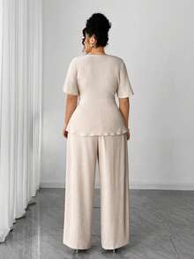 Elenzga Elegant Plus Size Apricot Knitted Deep V Neck Ruffle Hem Short Sleeve Long Pants Two Piece Set - Apricot - View 2