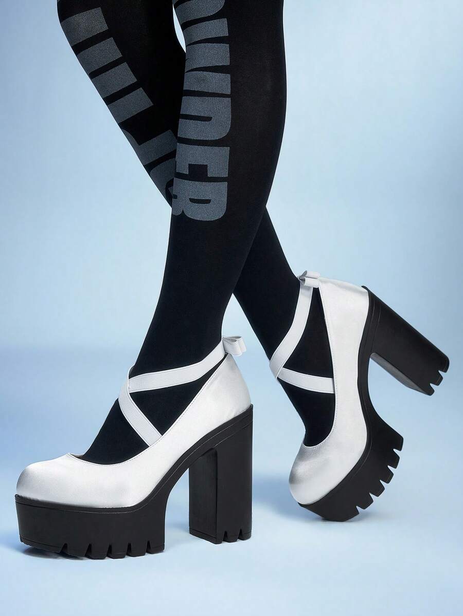 Sugerpunk Women's Fashion Casual High-Heeled Shoes, Punk Style Thick Platform Solid Color Cross Elastic Band Slip-On Bow Decoration Comfortable Nightclub Party Festival Women's Shoes - White - View 1