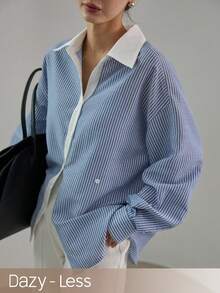 Dazy-Less Women's Striped Drop Shoulder Long Sleeve Single-Breasted Casual Loose Shirt - Blue - View 1
