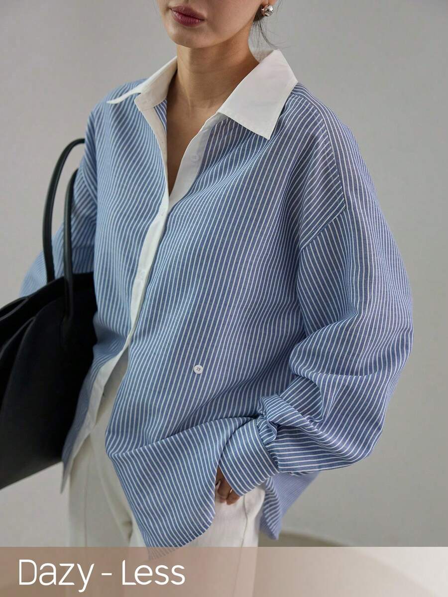 Dazy-Less Women's Striped Drop Shoulder Long Sleeve Single-Breasted Casual Loose Shirt - Blue - View 1