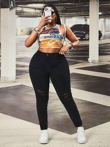 Jeanoix Y2K 大码时尚休闲百搭修身做旧弹力水洗牛仔裤 - 黑色 - 查看 5