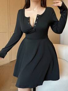 Vibekara Plus Size Women Button Half-Open Collar Sexy Bodycon A-Line Everyday Dress - Black - View 3