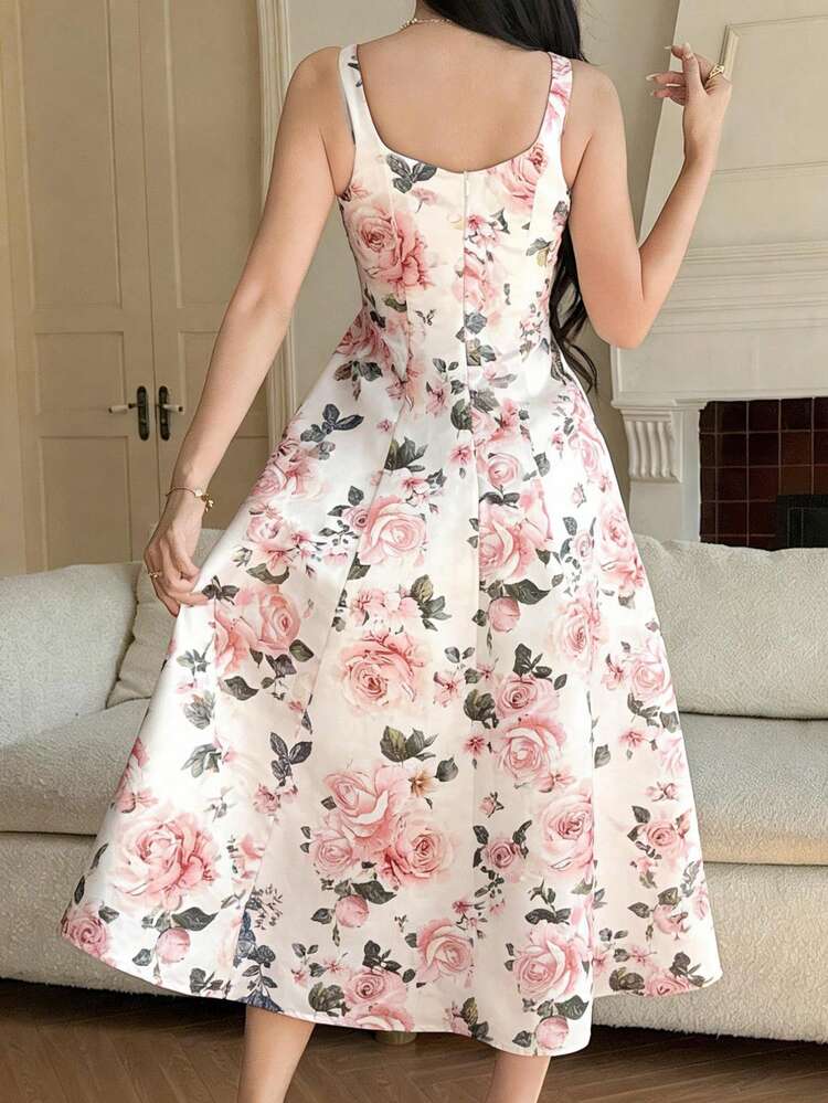 Women's Elegant Floral Print Sleeveless Square Neck Midi Dress, Summer Wedding Guest Dress Sundress