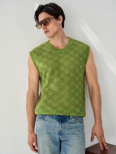 RONVEXI Men's Solid Color Crew Neck Sleeveless Hollow Out Knit Tank Top, Versatile Summer Minimalist