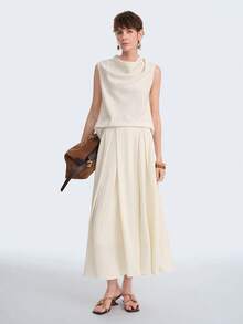 Aalyst Women's Linen Draped Neck Top And Skirt Casual 2 Pieces Set - Beige - View 6