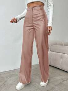 EURMUSE Women's Solid Color High Waist Straight Leg Pants, Suitable For Commuting - Pink - View 3