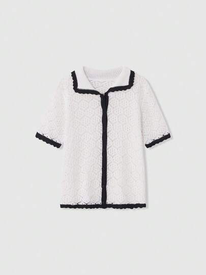 Lumivelle Women's Casual Contrast Color Perforated Hollow Turndown Collar Thin Cardigan