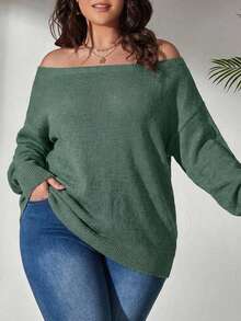 SHEIN Cottnline Plus Solid Cold Shoulder Sweater Jumper Vacation Formal Sage Green Winter Casual Baggy - Mint Green - View 4