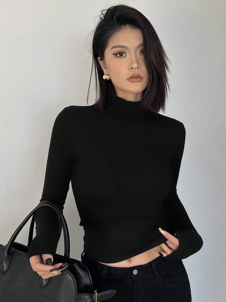 Women's Backless Tight Fitting Turtleneck Long Sleeve T-Shirt