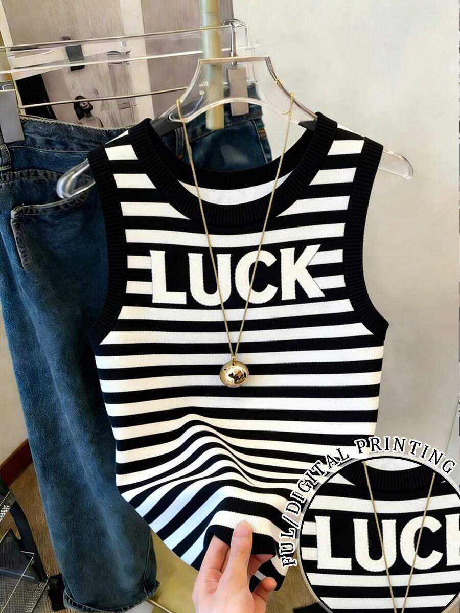 SHEIN 女士常规条纹字母印花圆领休闲背心，夏季 - 彩色 - 查看 1