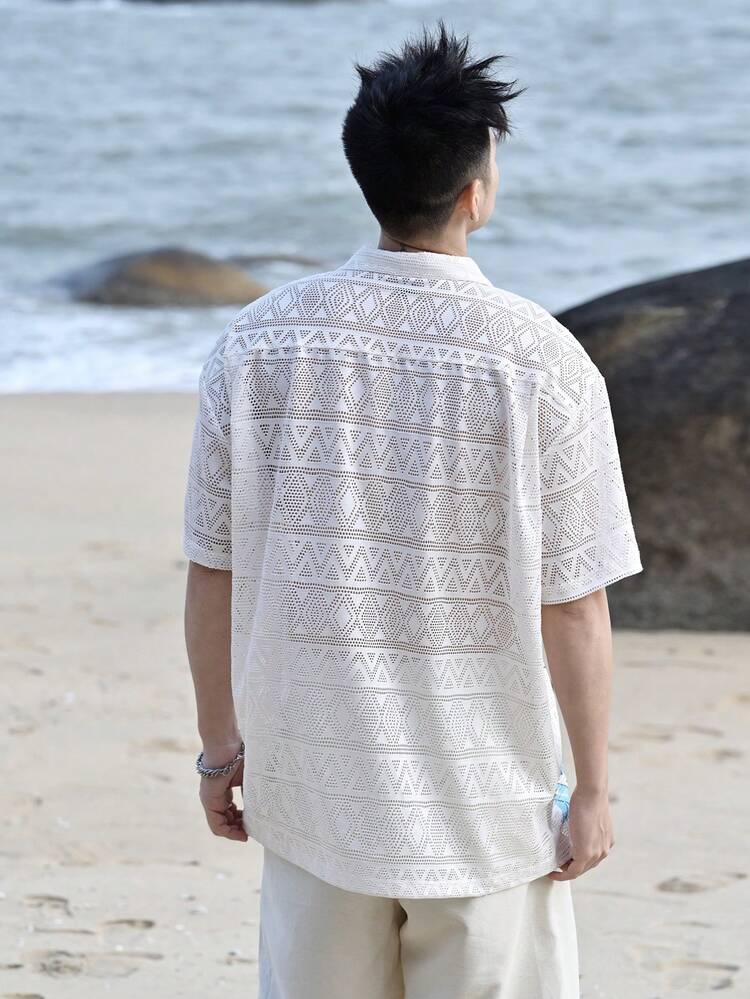 Men's Perforated Fabric Printed Open Front Shirt, Vacation Style, Summer