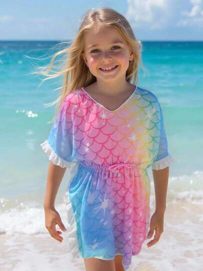 Fashionable Young Girl' Ombre Print Cover-Up, Suitable For Beach, Pool, Party Young Girls Beach Cover Ups,Bathing Suit Cover Up Kids, Girls Clothes For Beach Summer Holiday Young Girls Cover Up, Fashion Cute Dress, Suitable For Summer, Beach, Vacation Summer Vacation Thermal Christmas Holiday Festival New Years Valentines Swim Girls Summer Dress Girls White Beach Dress Girls Tassel Trim Dress Girls Cover Up Dress Girls Beach Dress Girls White Cover Up Dress Girls Loose Fit Dress Girls Cap Sleeve Dress Girls Crochet Dress Girls Beach Vacation Summer Outfits Kids Beach Cover Up Mermaid Dress Kids